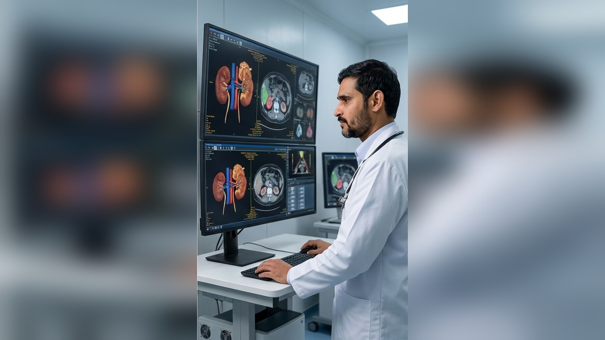 Dr. Kavish Sharma analyzing renal glomerular pathology and diagnostic imaging at workstation