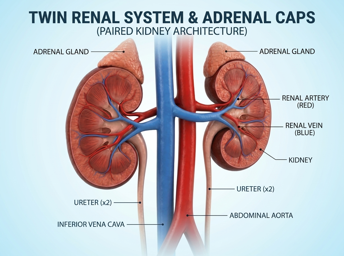 Healthy Pair Human Renal System showing Kidneys, Adrenal Glands, Arteries, Veins and Ureters