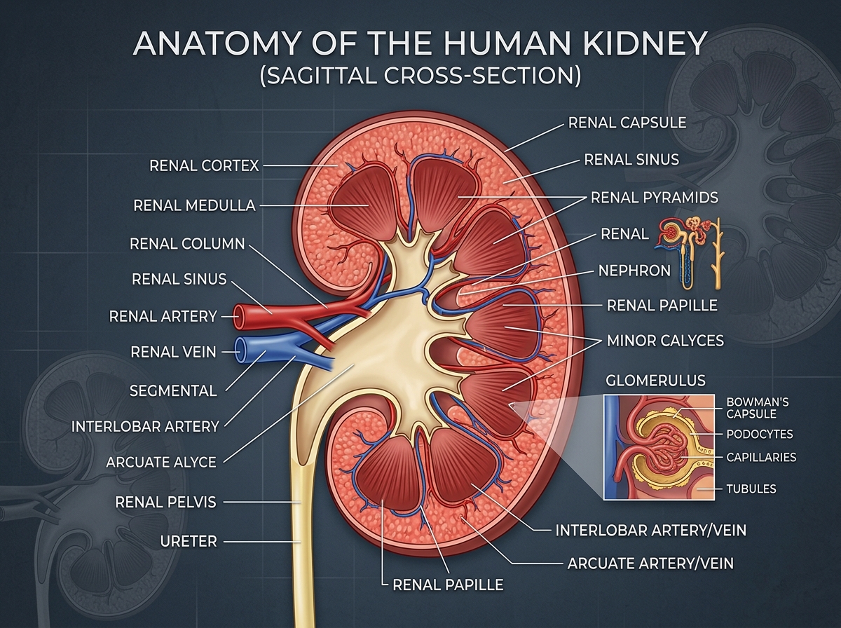 Detailed Anatomical Human Kidney Cross-Section Diagram showing Renal Cortex, Medulla and Nephron Glomerulus